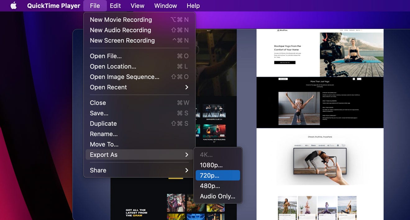 reducing video file size using the export option in QuickTime Player on Mac
