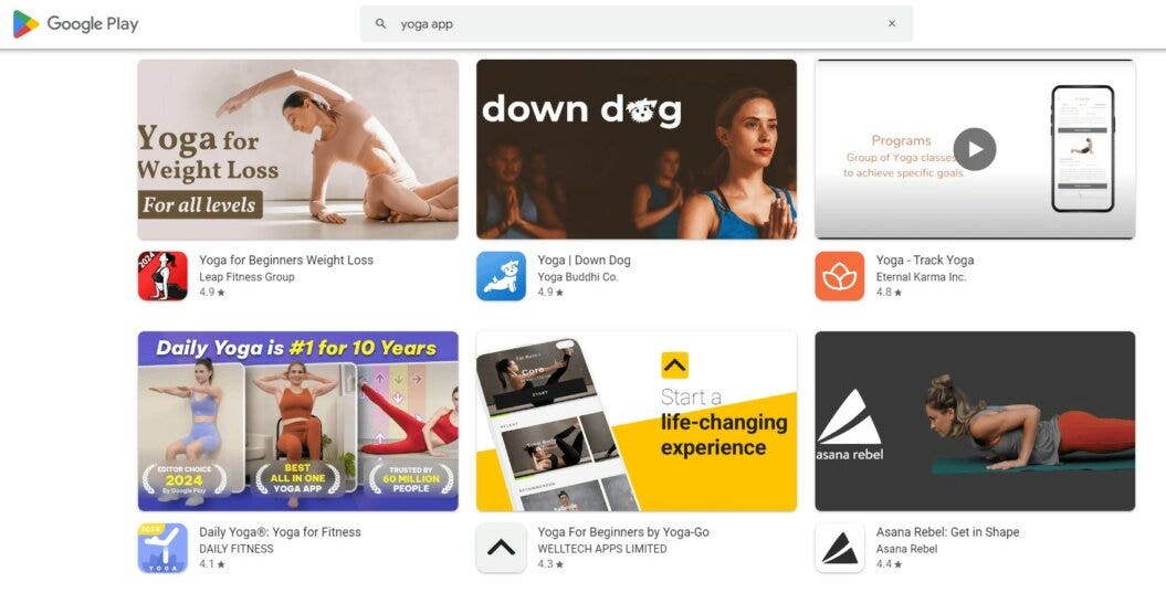 image showing Google Play results for yoga apps