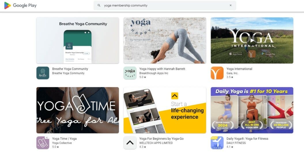 image showing Google Play results for yoga membership communities