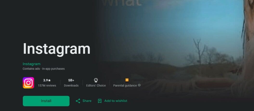 an image showing the Google Play Store listing of Instagram