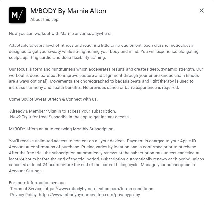 a photo showing an app description of M Body