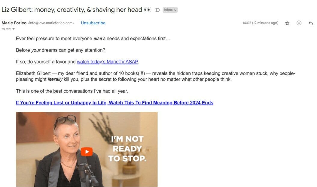 an image of an email sample from Marie Forleo