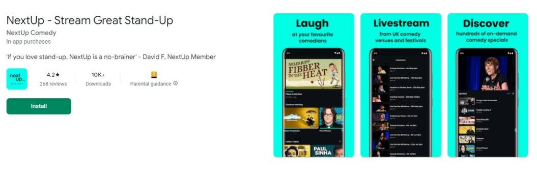 an image showing the Google Play Store listing of NextUp with a short description after the brand name