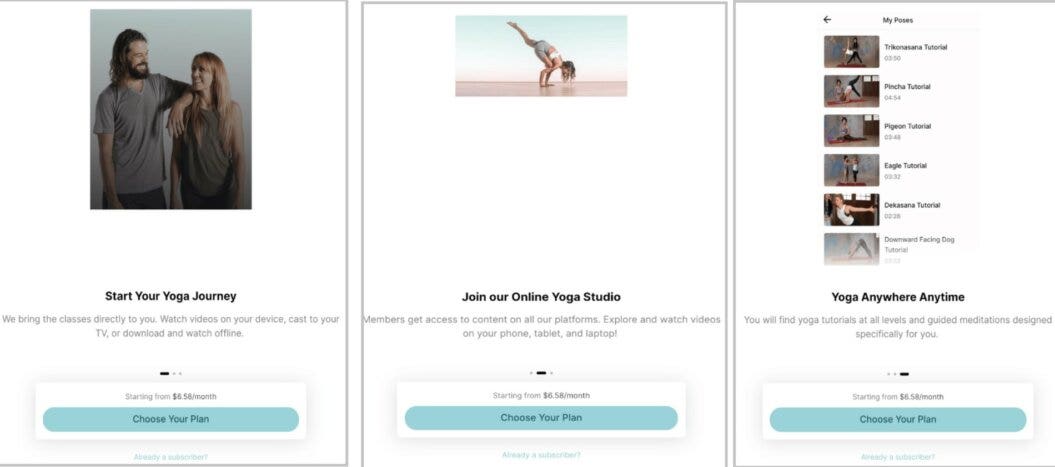 image showing a sample of onboarding slides for a yoga studio