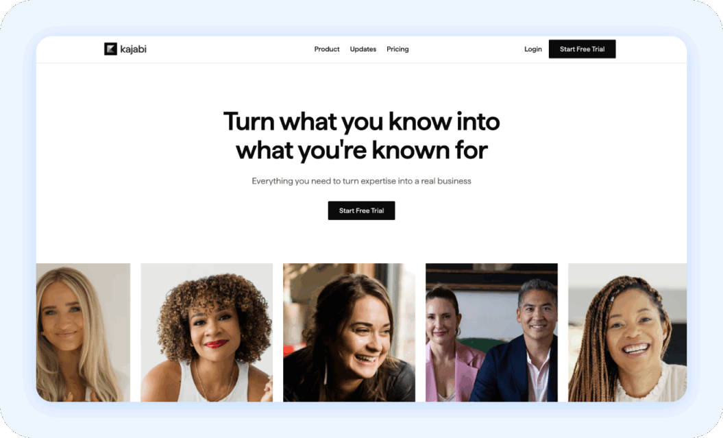 Kajabi homepage with the text: Turn what you know into what you're known for.