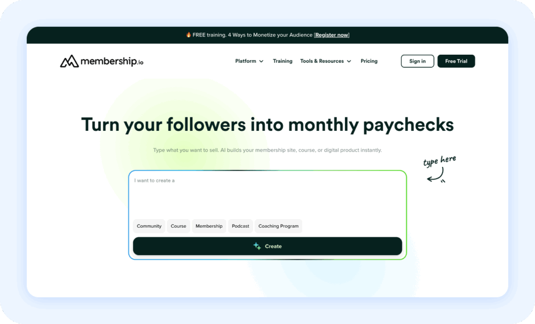 membership.io homepage with text: Turn your followers into monthly paychecks