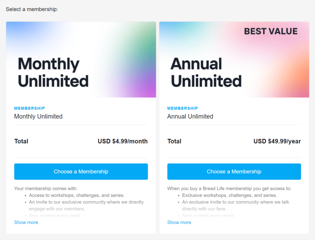 A screenshot of Membership Plus monthly plans