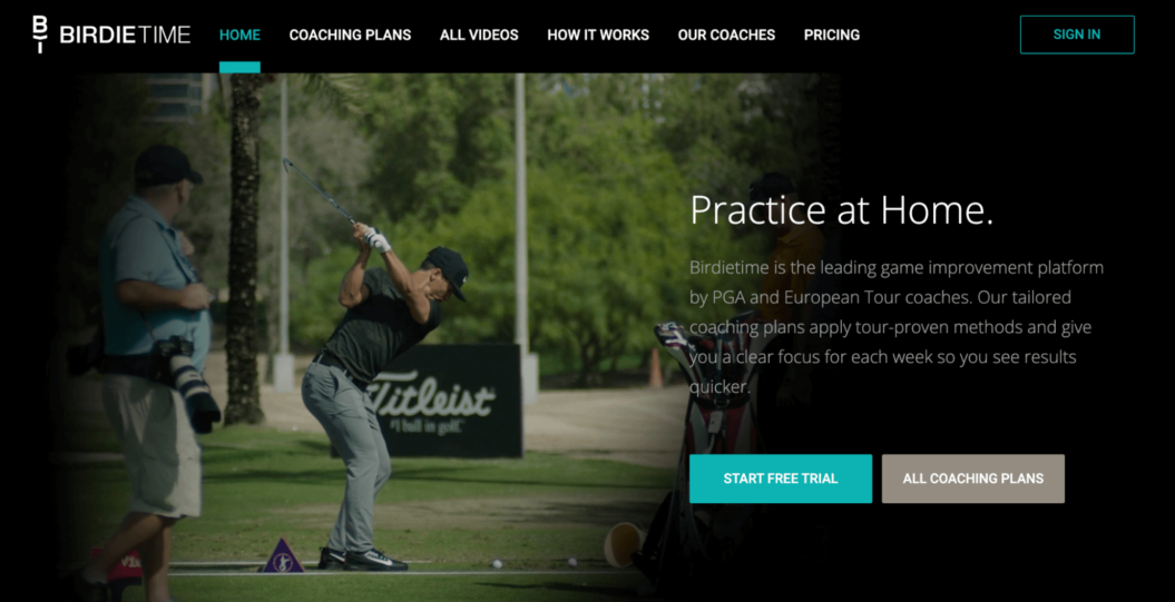An image shows the homepage of BirdieTime, a golf coaching membership website.