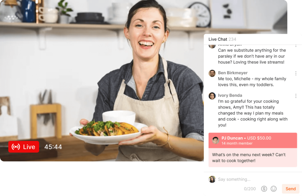 A screenshot shows live streaming functionalities suitable for a coaching membership website.