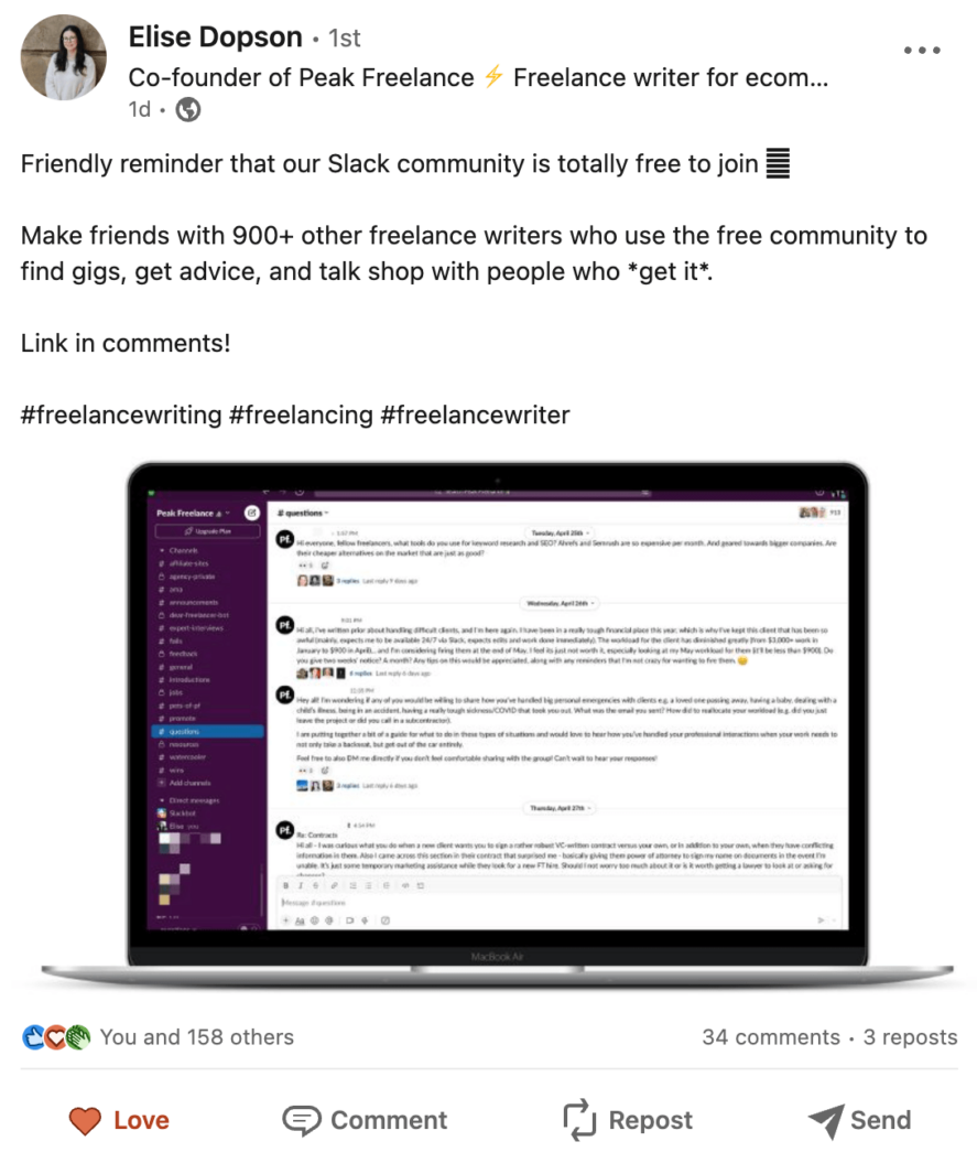 A screenshot shows LinkedIn post for a membership site community Slack invite.