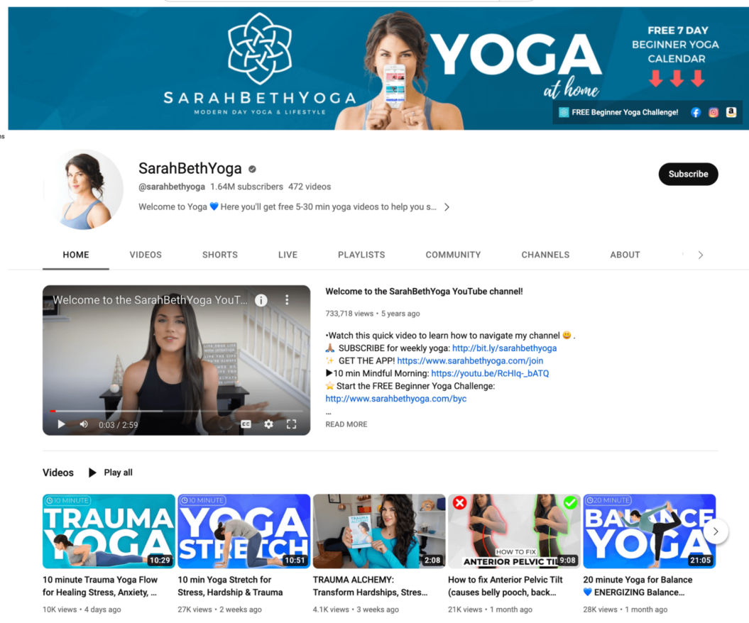 A screenshot shows Sarah Beth Yoga's YouTube channel homepage.