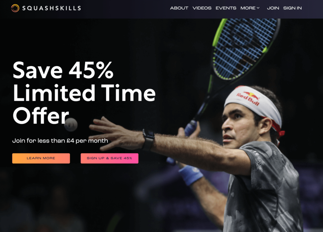 A screenshot shows SquashSkills' online coaching platform for squash player's membership site homepage.