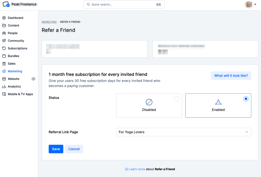 A screenshot shows the Marketing tab in Uscreen's dashboard.