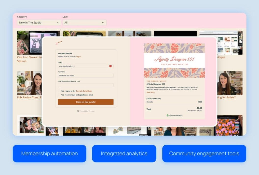 The Studio website highlighting features of switching to Uscreen including membership automation, integrated analytics, and community engagement tools