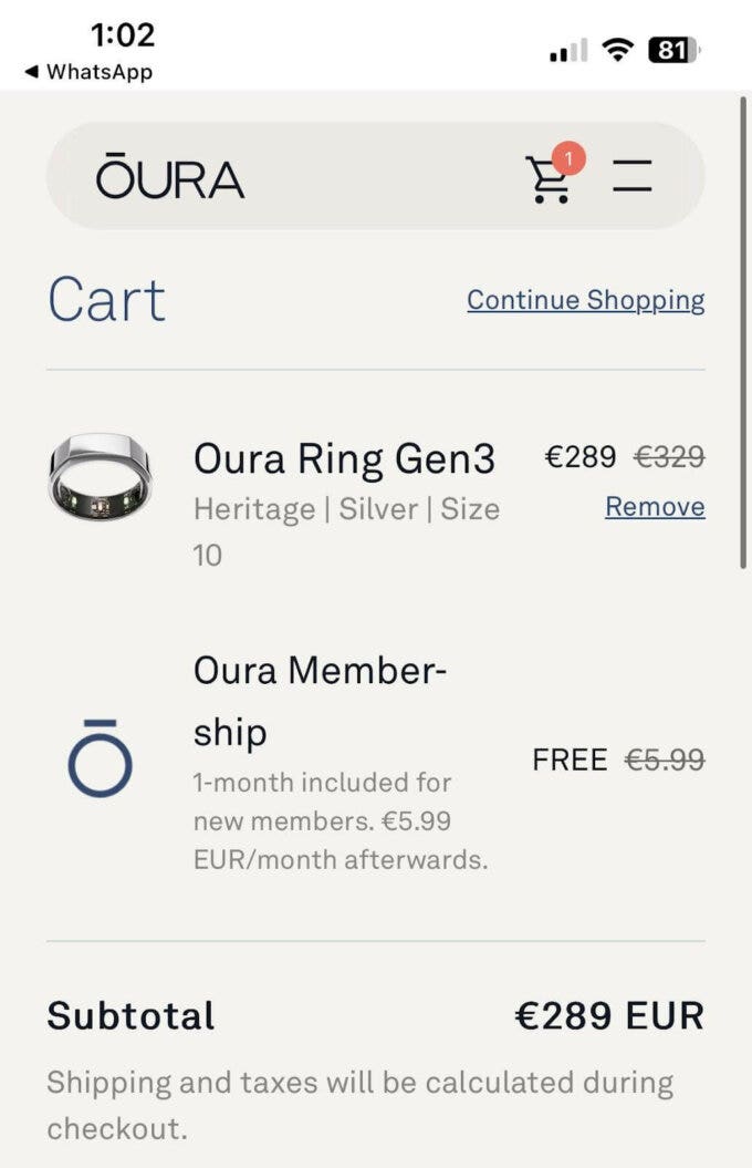 Image showing shopping cart with Oura ring Gen3 and Oura membership.