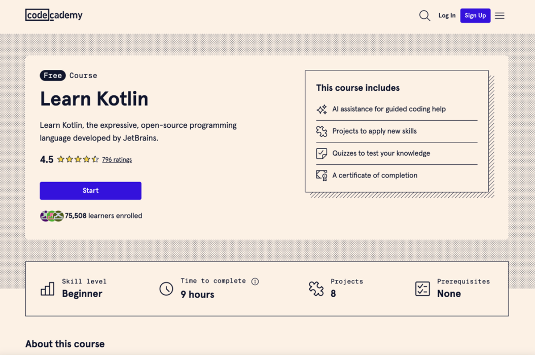 Screenshot from the Code Academy site showing their free Kotlin course
