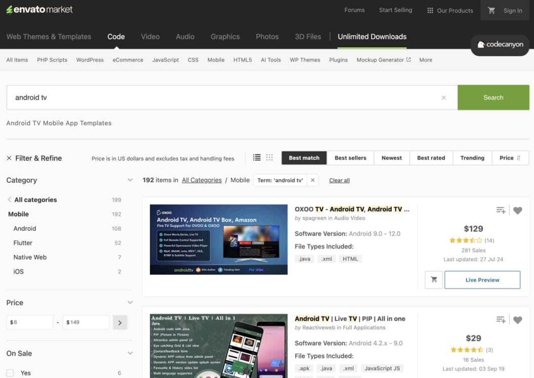 Screenshot from Envato Market showing results for android tv apps