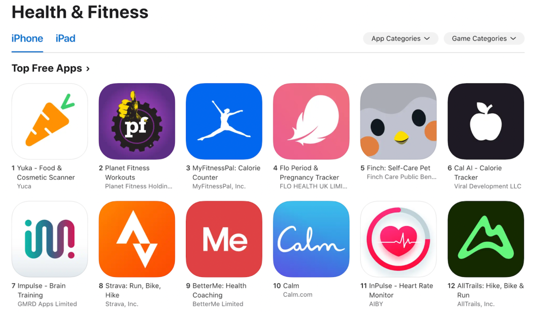 Health and fitness apps on the apple store