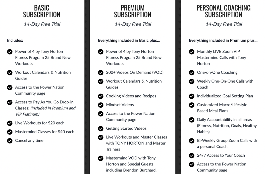 Power Nation Fitness's three-tiered membership options