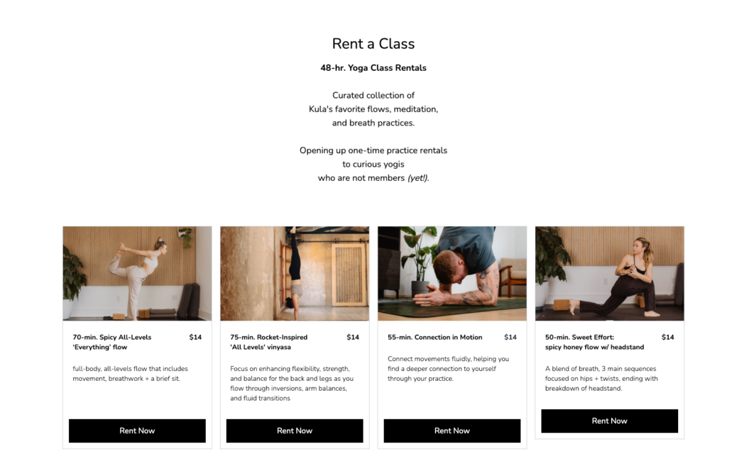 Kula class catalog for 48 hour yoga class rentals