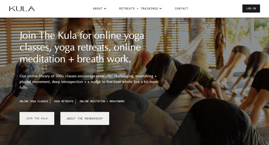 an image showing the landing page of Kula for online yoga classes