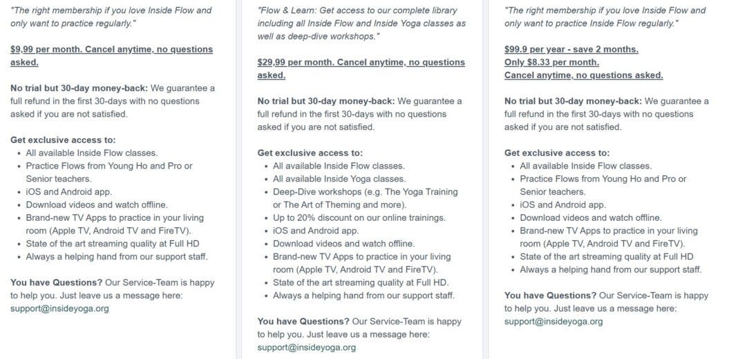 Inside Yoga pricing options with expanded details