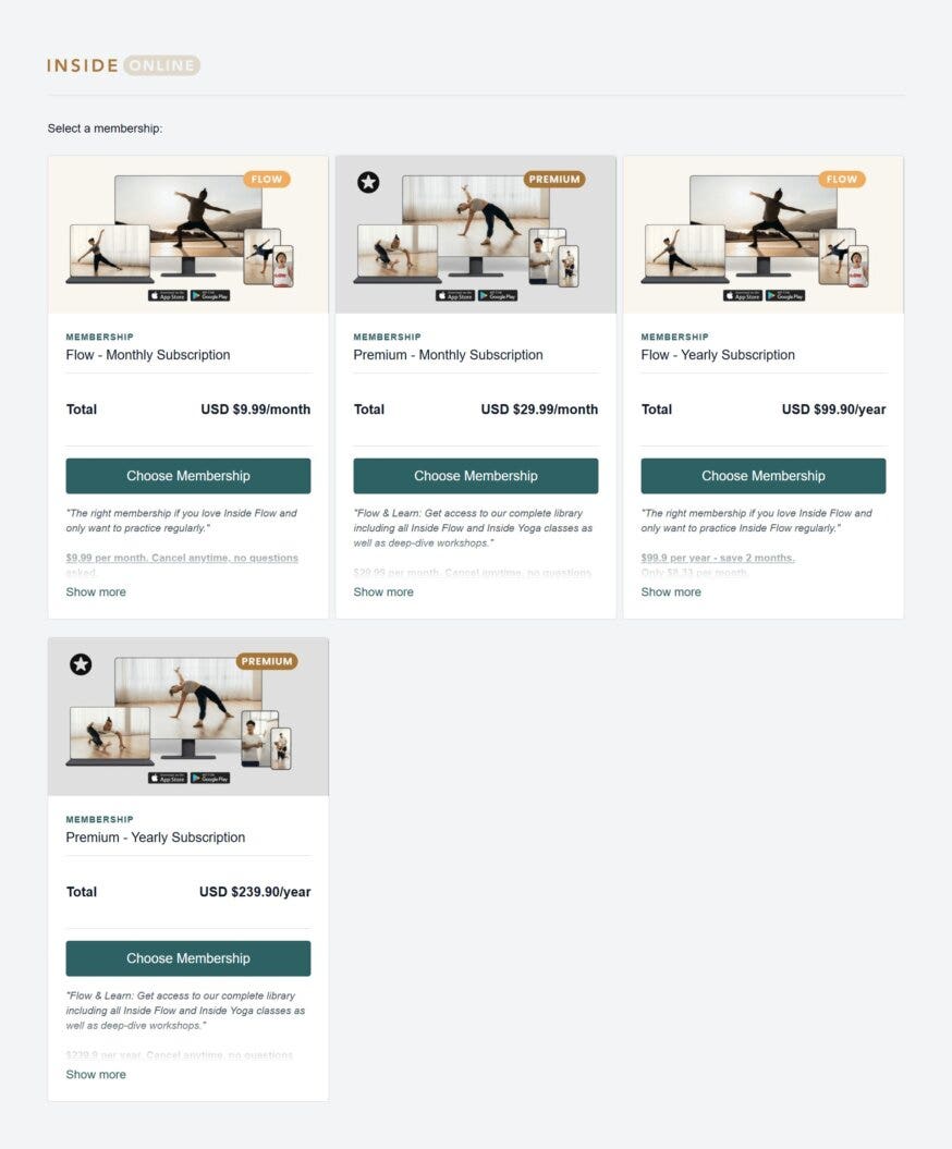 Inside Yoga pricing options