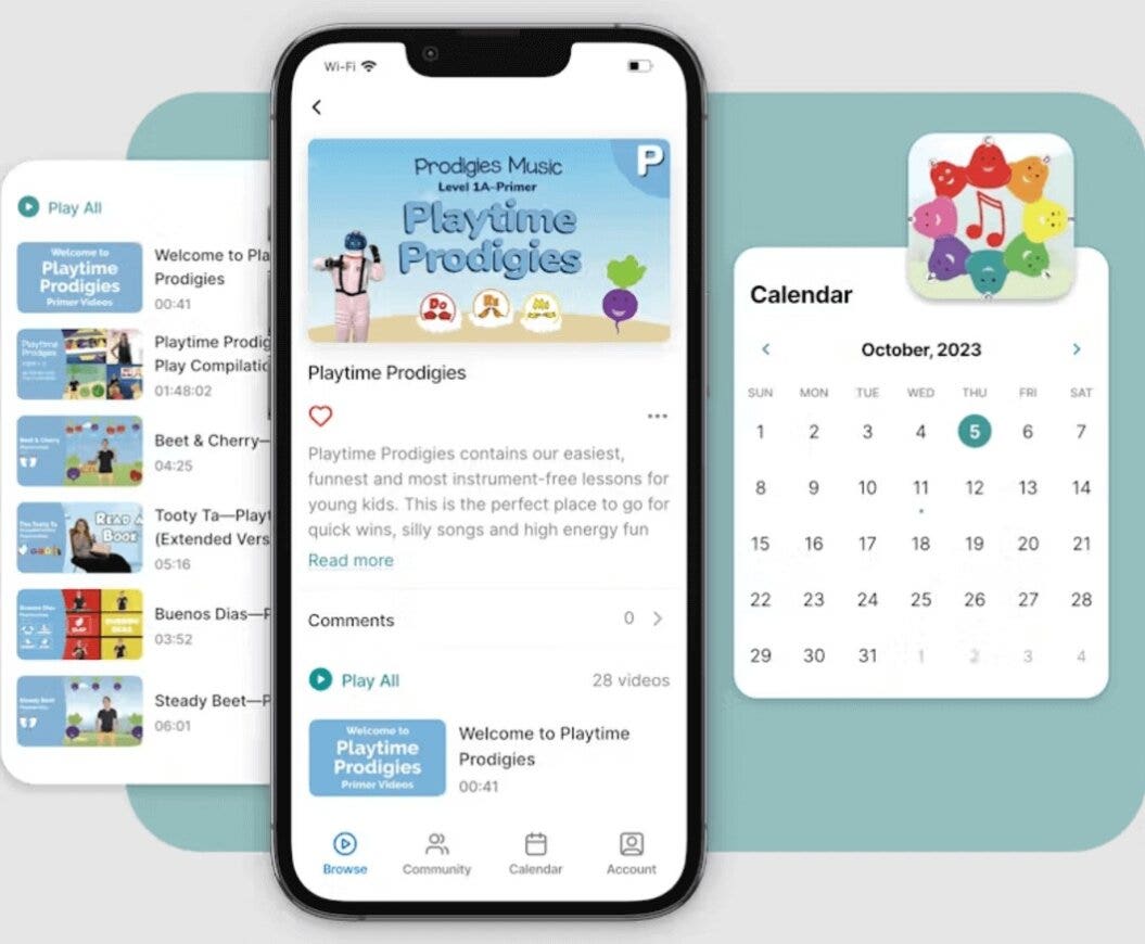 screenshots of Prodigies mobile application featuring video library, description and calendar