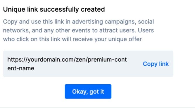 Unique link successful creation message prompt