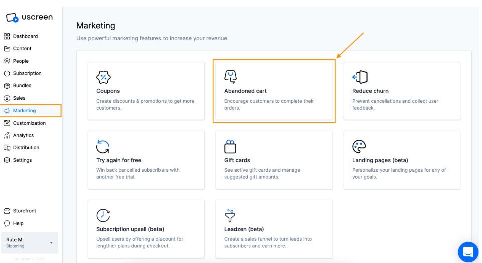 Uscreen web editor marketing tab featuring abandoned cart