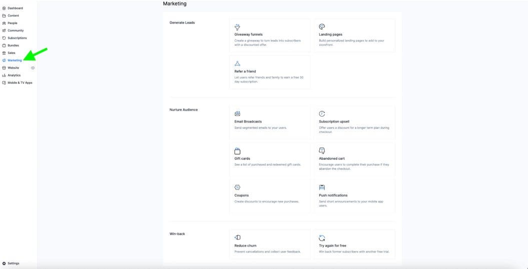 Uscreen web editor marketing tab