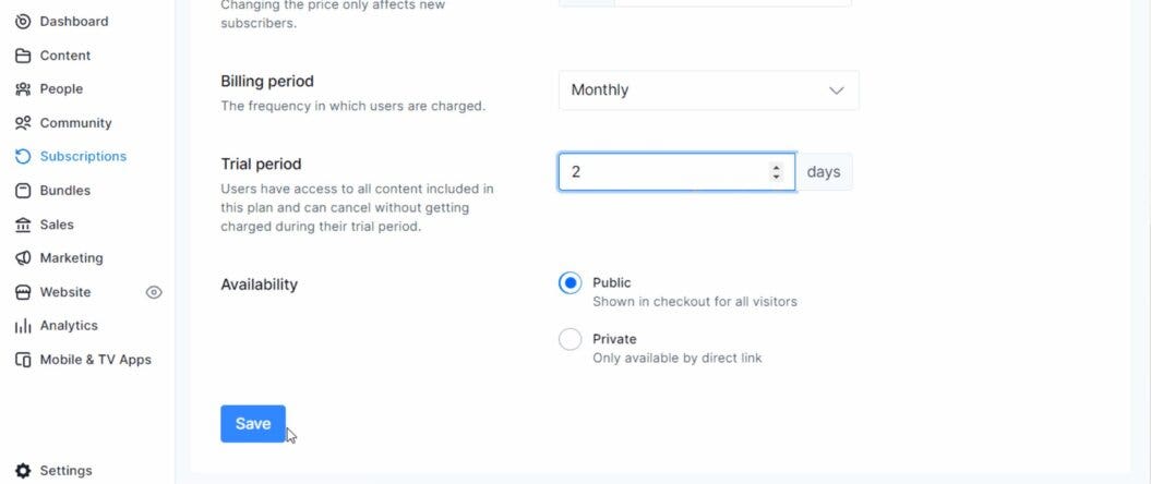 Uscreen web editor subscriptions tab