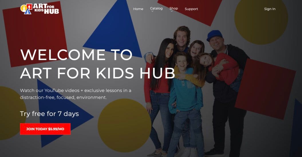 A screenshot of Art for Kids Hub a platform with an online art school for kids.