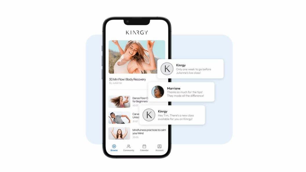 App interface of fitness streaming platform, Kinrgy, shown on a mobile device.