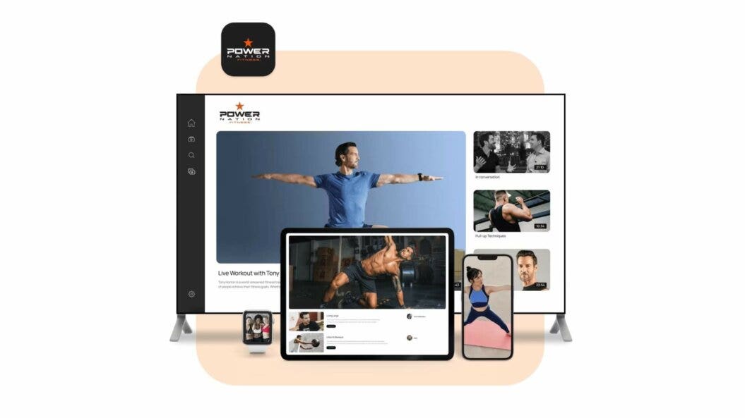 Interface of premium streaming platform, Power Nation Fitness, shown across TV, tablet, and mobile devices.