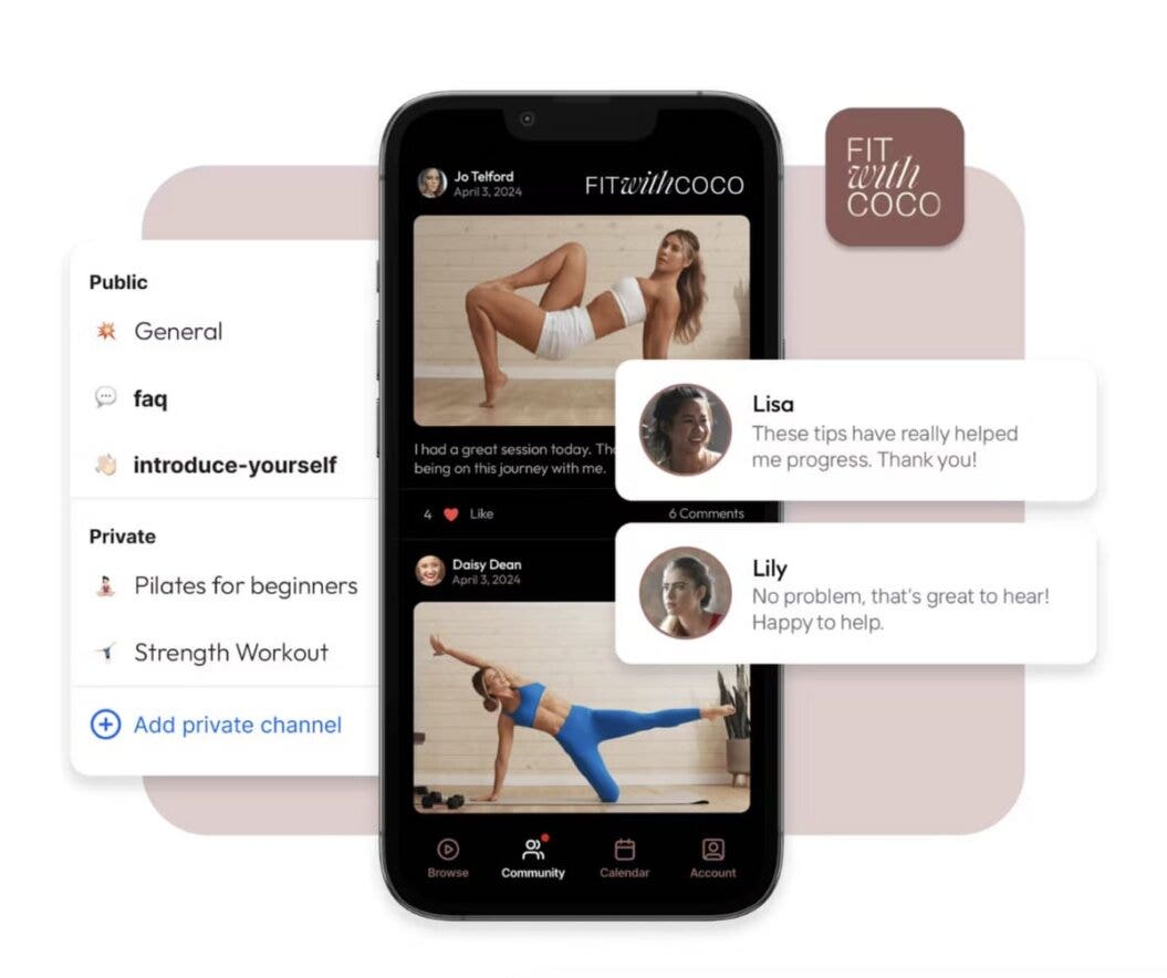 Screenshot of the 'Fit with Coco' fitness membership app displayed on a smartphone. The interface shows a community section with posts from users sharing their workout progress, accompanied by images of them exercising. Comments from other users, such as Lisa and Lily, highlight positive interactions and feedback. The app also features public and private channels for different workout categories like 'Pilates for beginners' and 'Strength Workout'.