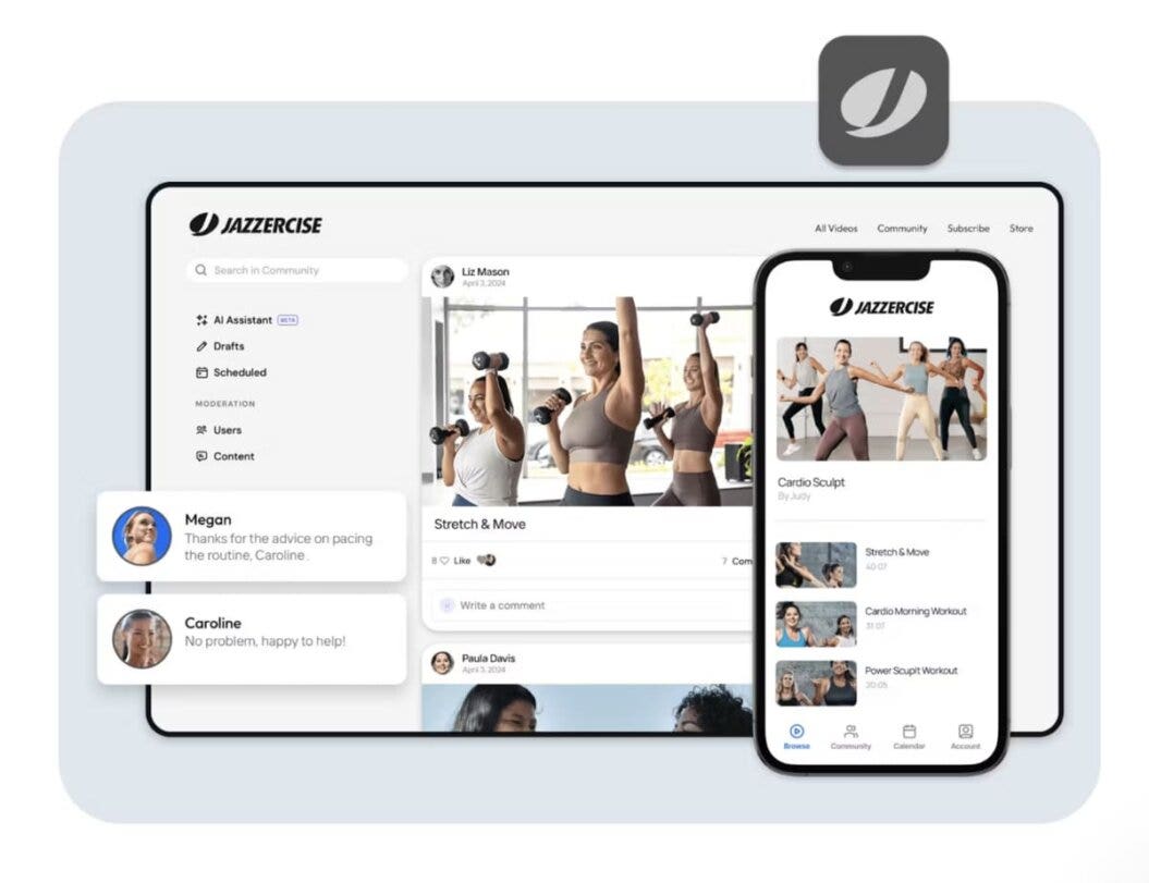 Screenshot of the Jazzercise fitness membership platform displayed on both a tablet and a smartphone. The interface shows a community section with posts from users sharing their workout routines and progress, accompanied by images of group exercises. Comments from users, such as Megan and Caroline, highlight helpful advice and positive interactions. The app also features an AI assistant, content moderation options, and a list of on-demand workout videos like 'Cardio Sculpt' and 'Stretch & Move'.