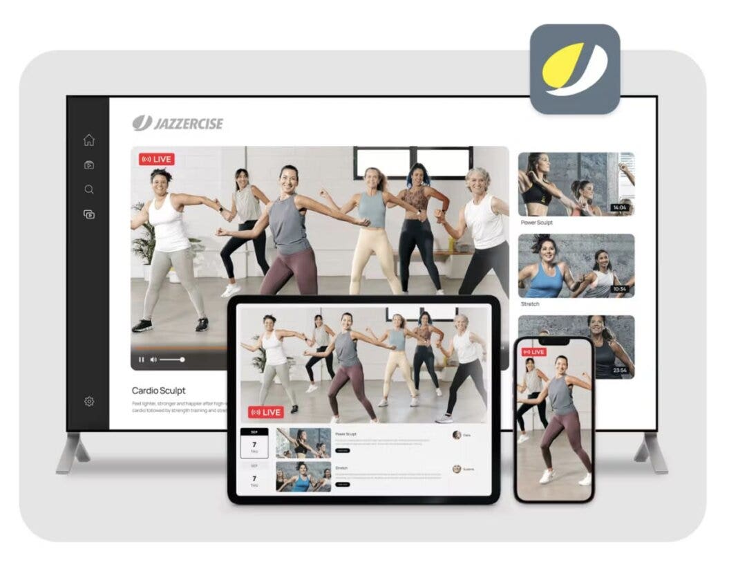Screenshot of Jazzercise's online fitness platform displaying a live workout class. The interface shows multiple devices including a desktop, tablet, and smartphone, all streaming the same live Cardio Sculpt class with participants engaging in synchronized exercise routines. The platform also features a sidebar with different workout videos available for on-demand viewing.