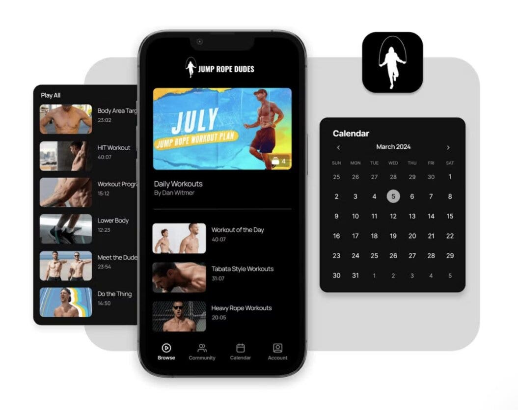 Screenshot of the 'Jump Rope Dudes' fitness membership app displayed on a smartphone, featuring a July jump rope workout plan by Dan Witmer. The interface shows a variety of workout videos, such as 'Body Area Target,' 'HIIT Workout,' and 'Lower Body,' alongside a calendar for scheduling workouts. The app includes sections for browsing workouts, community interaction, calendar management, and user account settings, providing a comprehensive platform for jump rope enthusiasts.