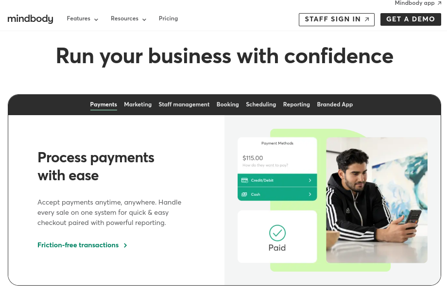Mindbody payment processing page
