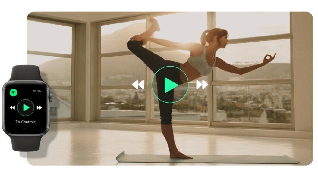 Apple Watch and video controls interface overlayed on an image of a woman doing yoga.