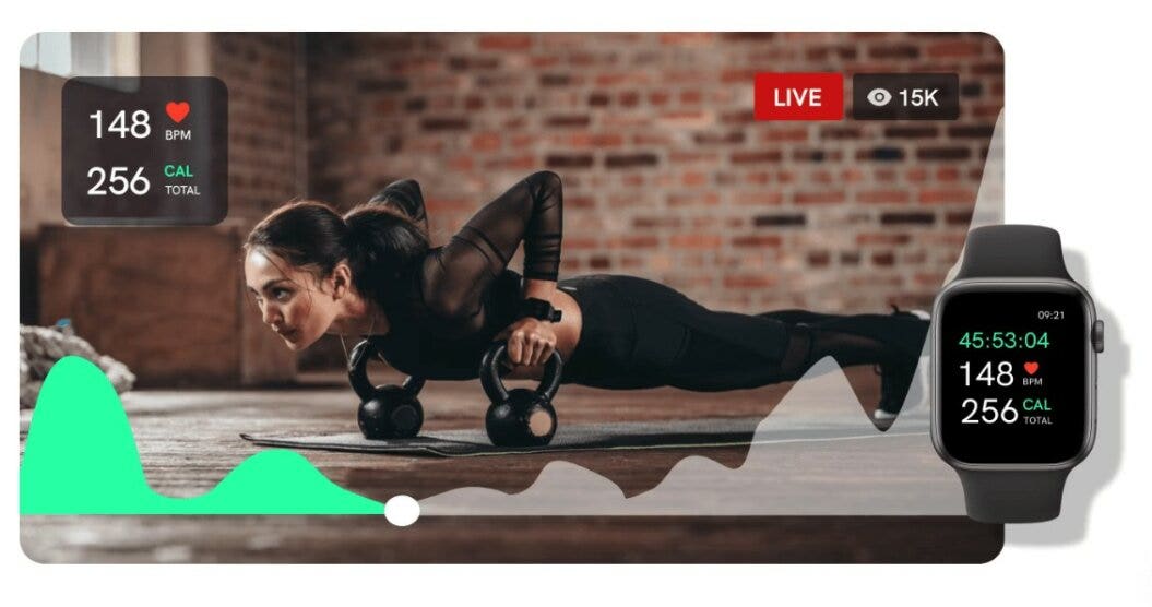 Apple Watch and interface overlayed over an image of a woman working out, wearing an Apple Watch.