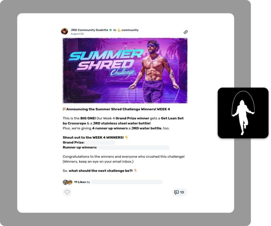Screenshot of a community area owned by fitness membership, Jump Rope Dudes.