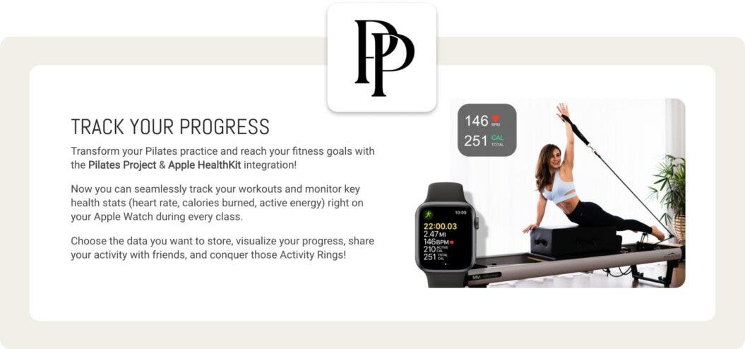 Screenshot showing how fitness membership, Pilates Project, promotes their Apple Watch App on their website homepage.