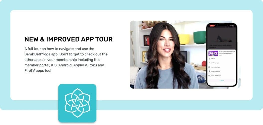 Screenshot showing how yoga membership, Sarah Beth Yoga, uses an embeded explainer video to guide members through their membership apps.