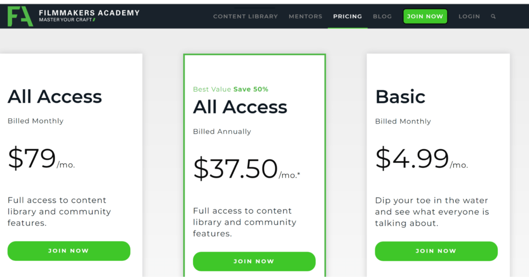 A screenshot of Filmmakers Academy, a video streaming business, membership plans.