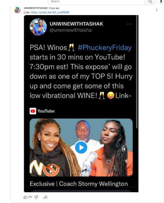 A screenshot of TashaK Live's YouTue account.