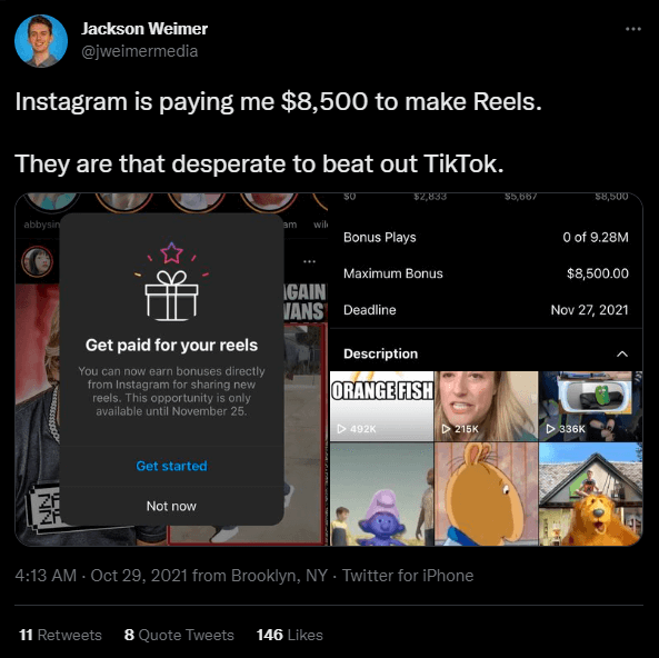 Creator Jackson Weimer was offered $8,500 per month if his Reels got more than 9.28 million views.