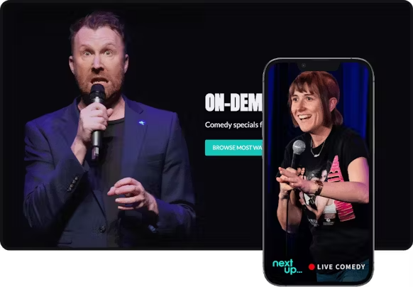 an image showing the desktop and mobile app of NextUp Comedy