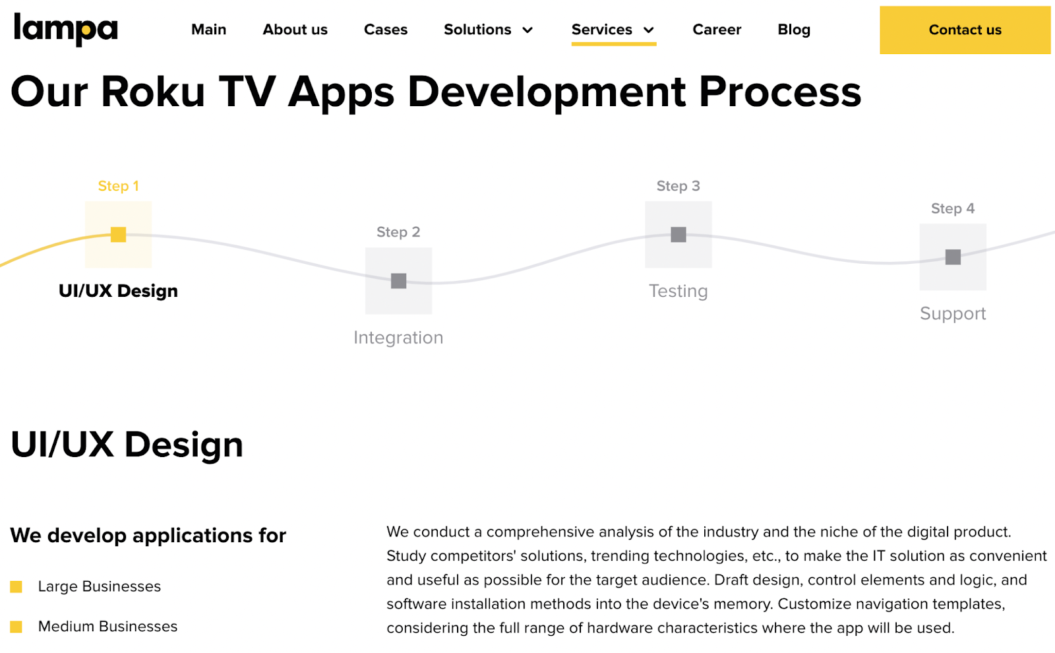 Lampa services page featuring TV app development process